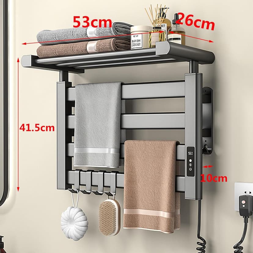 Heated Towel Rail, 135W Towel Warmer Digital Display Radiator Towel Rail Electric Towel Rail Timer 1-9H, 4-Bar Bathroom Radiators 53 * 41.5 * 26cm Electric Towel Radiator with Shelf
