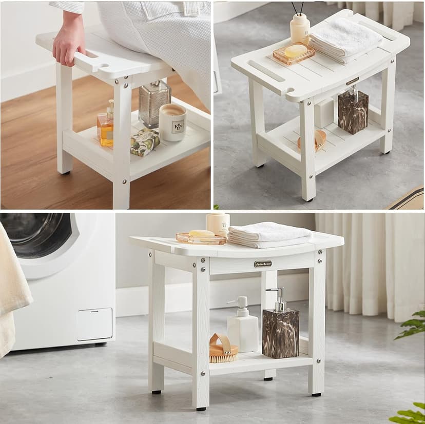 Waterproof Shower Bench, White Poly Shower Stool for Shaving Legs, Shower Chair Seat with Handles & Shower Head Holder, Plastic Bathroom Bench with Adjustable Feet for Inside Shower, Non-Slip