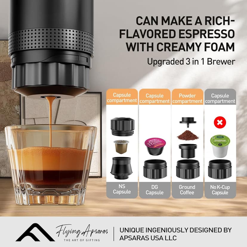 APSARAS USA Portable Coffee Maker for Travel, Portable Espresso Maker, 20 bar Mini Espresso Machine, 3in1 Travel Coffee Maker with Ground Coffee & Capsule(Ns&DG) for RV, Camping, Car