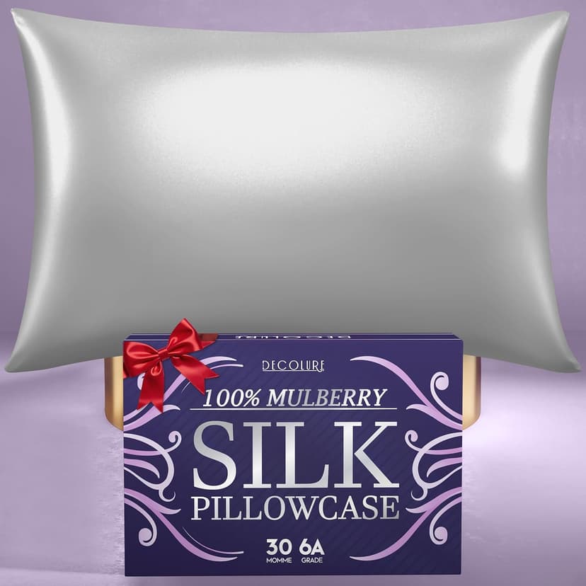 DECOLURE 100% Pure Mulberry Silk Pillow Case Standard Size – Highest Grade 30 Momme 6A+, Luxuriously Soft & Cooling Silk Pillowcase for Hair & Skin, Hypoallergenic, Breathable, Hidden Zipper (Silver)