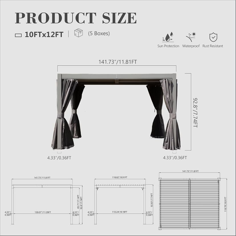 Domi 10x12FT Outdoor Louvered Pergola Full Aluminum Structure,Patio Pergola with Two Independently Adjustable Roof for Backyard, Sun Shade Gzebo with Gutter System for Garden Deck(Dark Gray)