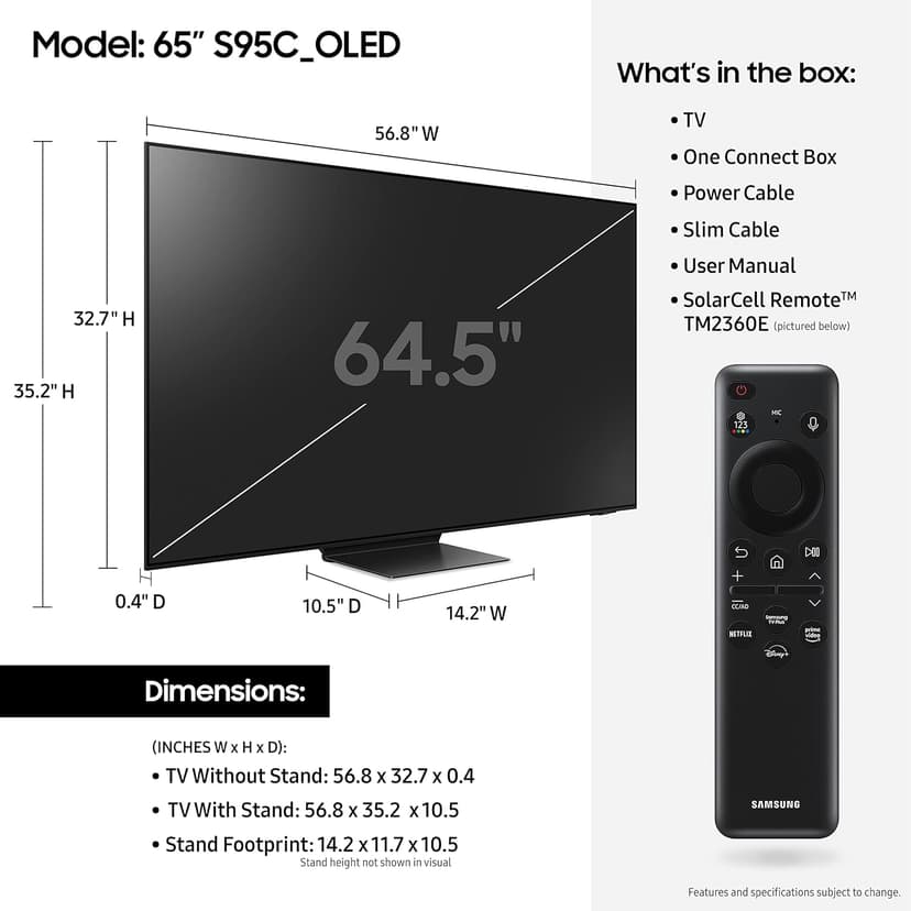 Samsung 65-Inch Class OLED 4K S95C Series Quantum HDR Smart TV w/Dolby Atmos, Object Tracking Sound+, Q Symphony, Motion Xcelerator Turbo Pro, Gaming Hub, Alexa Built-in (QN65S95C), Titan Black