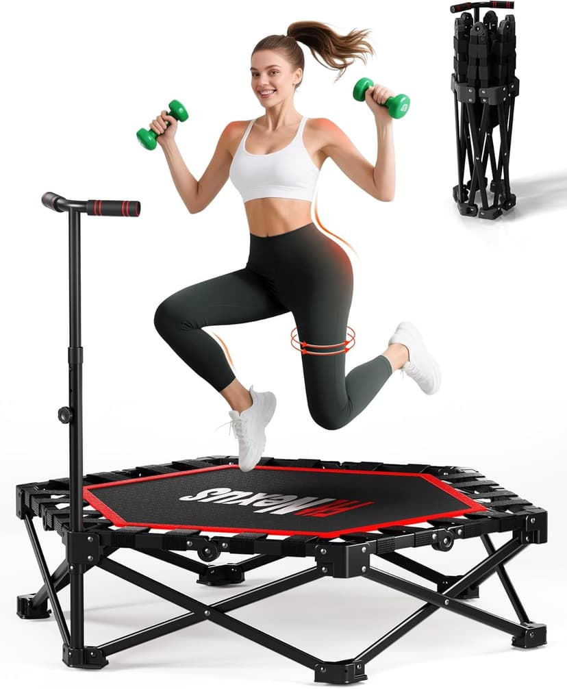 42" Foldable Mini Trampoline- 450lb Capacity Fitness Rebounder w/3-Level Adjustable T-Bar, Adults Workout Trampoline, Non-Slip Pad | Foldable Design for Home/Gym