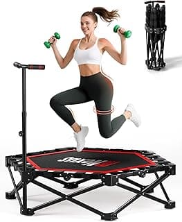 42" Foldable Mini Trampoline- 450lb Capacity Fitness Rebounder w/3-Level Adjustable T-Bar, Adults Workout Trampoline, Non-Slip Pad | Foldable Design for Home/Gym