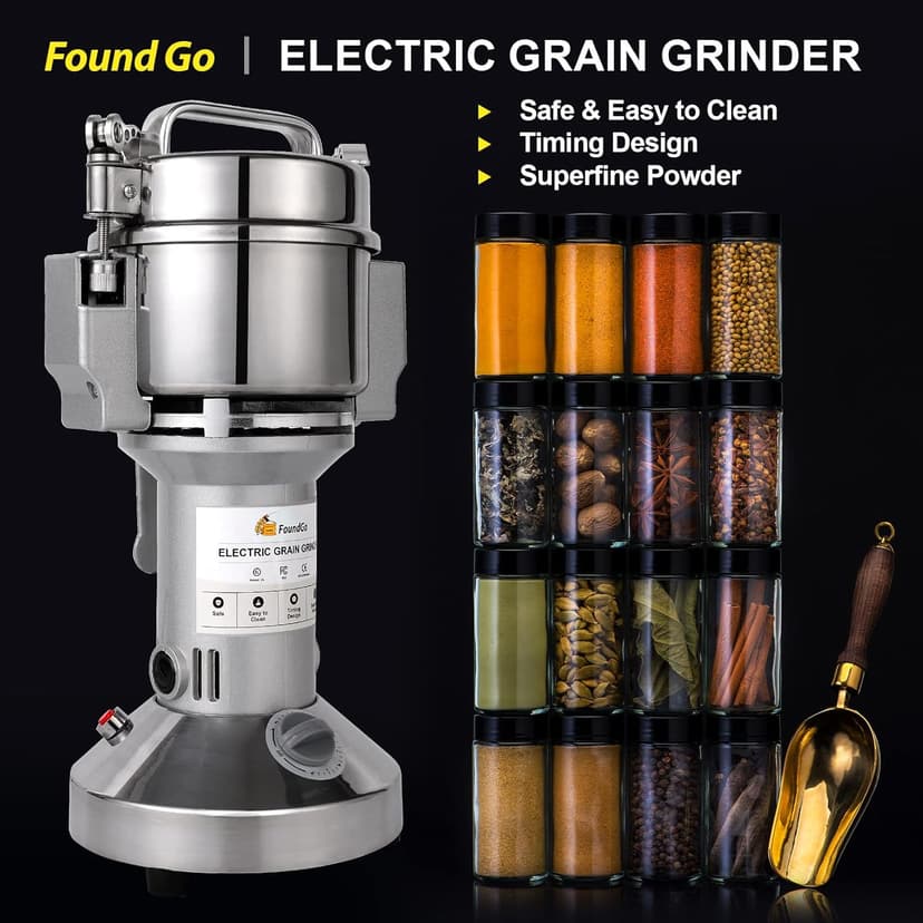 FoundGo Electric Grain Mill 10.6oz/300g Commercial Grain Grinder Stainless Steel Powder Grinding Machine 25,000rpm Pulverizer for Spice/Coffee/Flour/Pepper/Herb Superfine (300g, Standing)