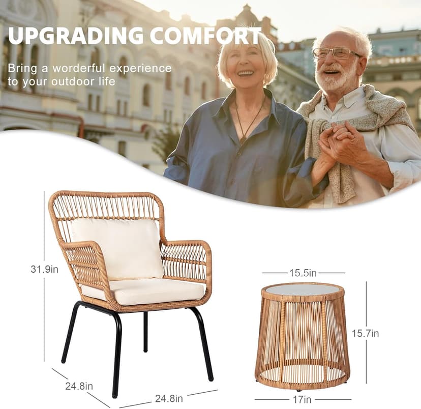 3 Piece Outdoor Wicker Furniture Bistro Set, Rattan Chairs Conversation Sets Wicker Patio Furniture for Balcony Poolside Backyard, Yellow/Beige