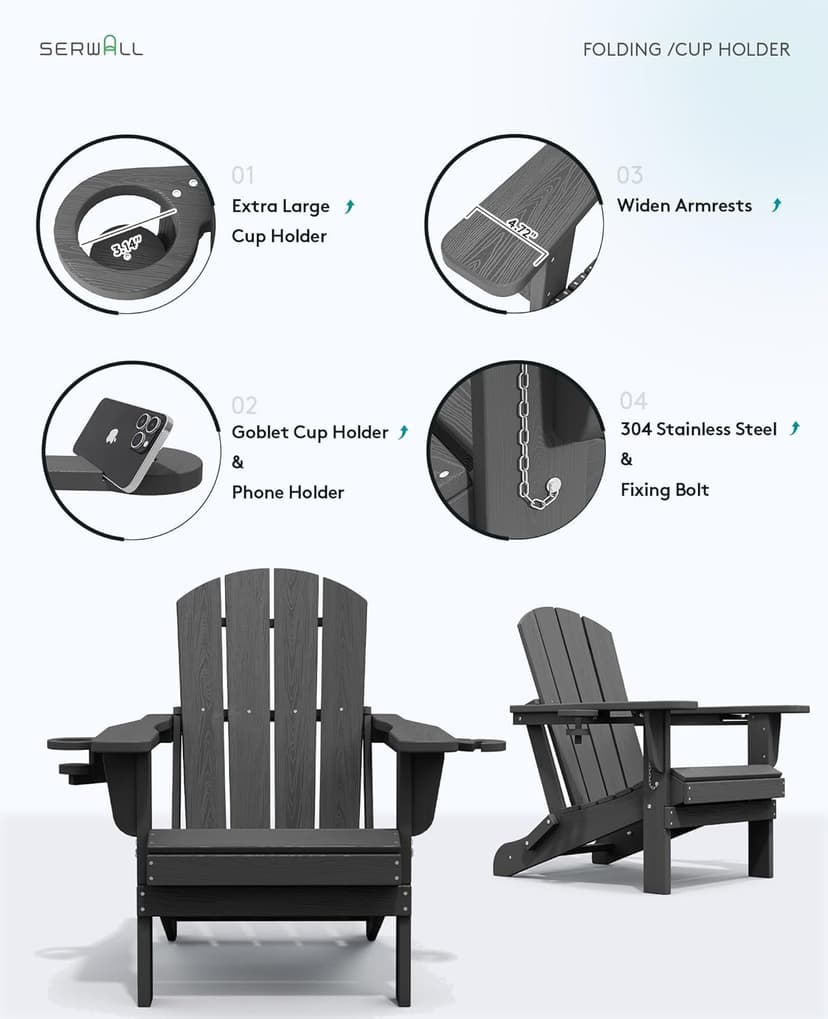 SERWALL Foldable Adirondack Chair, HDPE Adirondack Chair with Wood-Texture-Gray