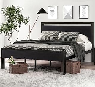 SHA CERLIN 14 Inch Queen Size Metal Platform Bed Frame with Wooden Headboard and Footboard, Mattress Foundation, No Box Spring Needed, Large Under Bed Storage, Non-Slip Without Noise, Black Oak