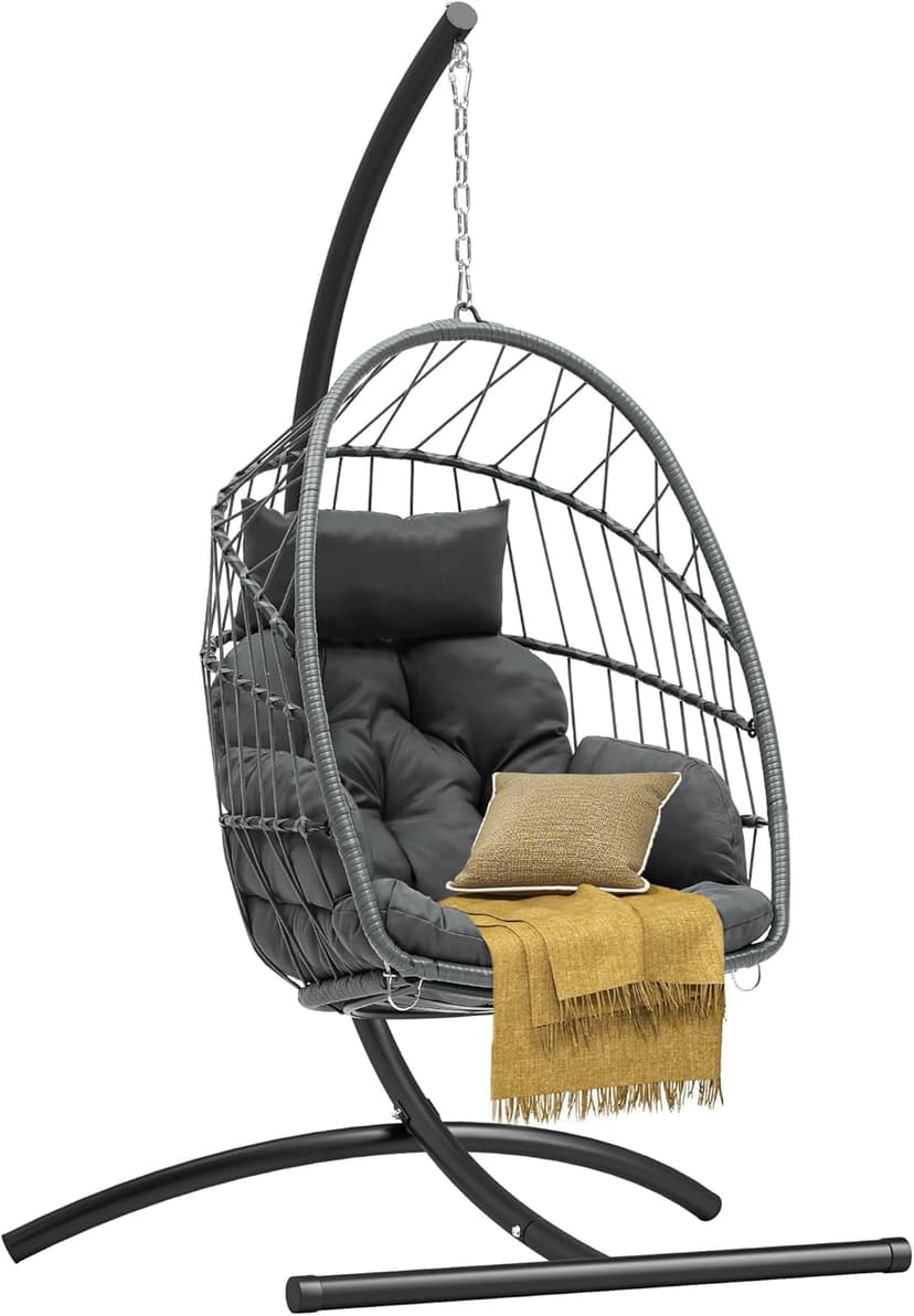 DWVO Egg Chair with Stand, Hanging Outdoor Rattan Wicker Patio Hammock Indoor Egg Chair with Cushion, Hanging Swing Chair 350lbs for Porch, Garden, Bedroom, Balcony, Gray