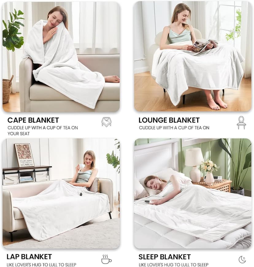 Electric Heated Blanket, Flannel & Sherpa Fast Heating Soft Fleece Heated King Blanket 90"x100" with 6 Heating Levels & 10H Auto Off - White