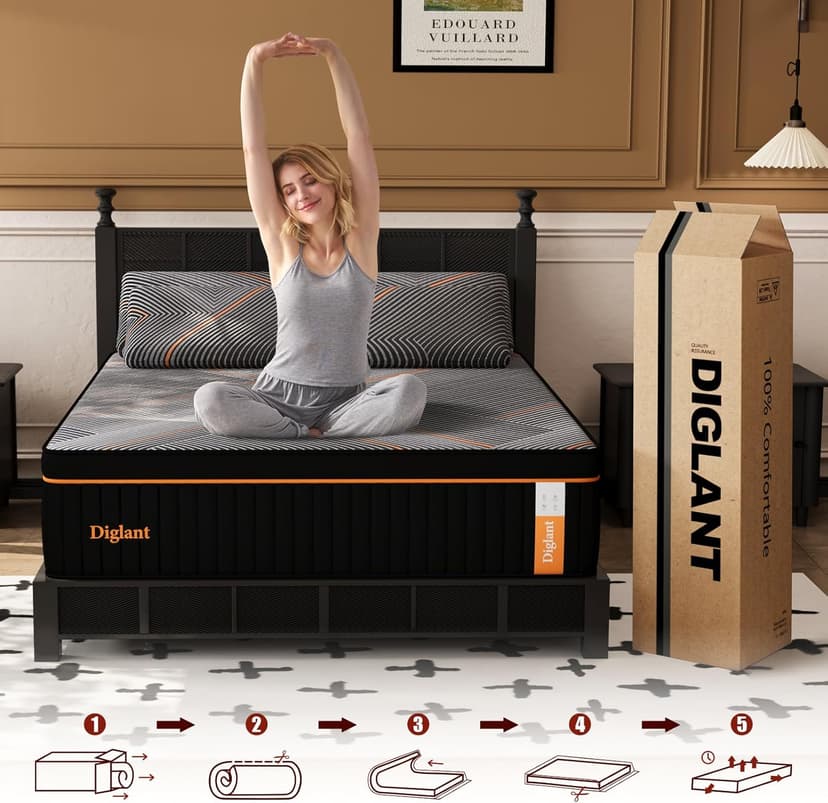 DIGLANT King Mattress,14 Inch Plush Hybrid Mattress, Black Memory Foam with Individually Pocket Coils Mattress King Size in Box, Euro Top Mattress for Pressure Relief,Balanced Support, 76"*80"