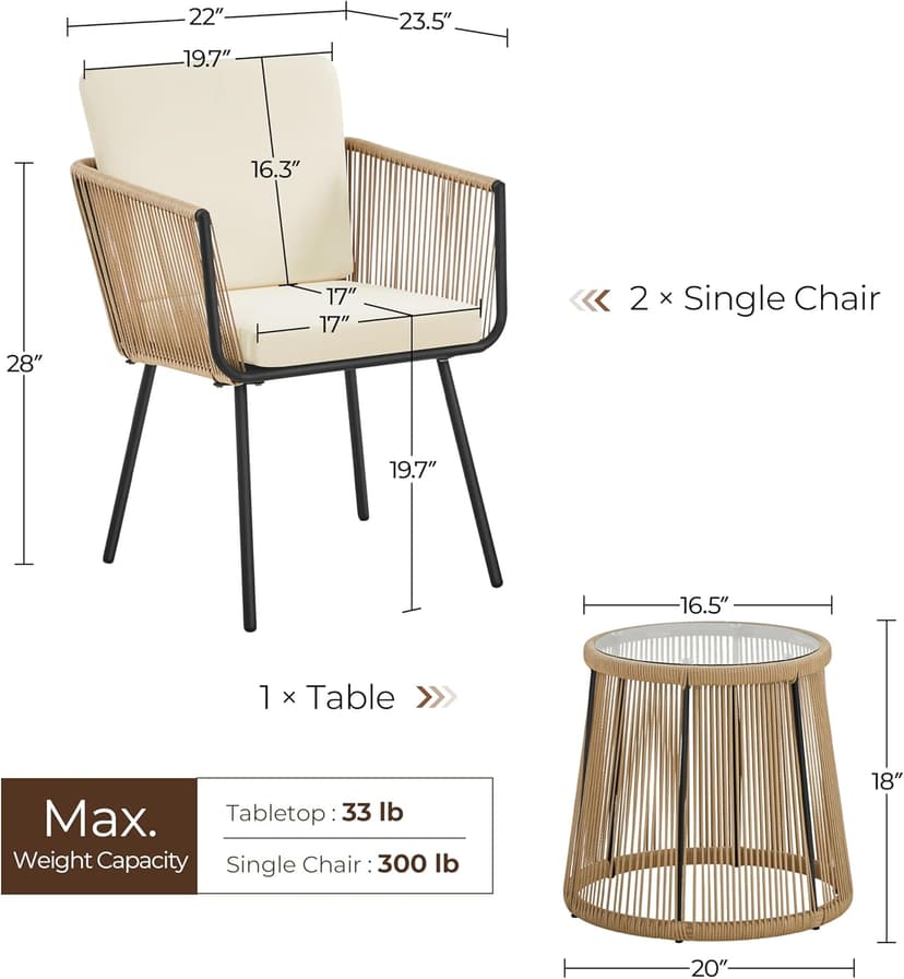 Yaheetech 3 Piece Patio Rattan Bistro Set, Outdoor All Weather PE Wicker Conversation Furniture Set with 2 Chairs & Tempered Glass Top Table & Cushions, for Poolside/Porch/Garden/Yard, Tan/Cream
