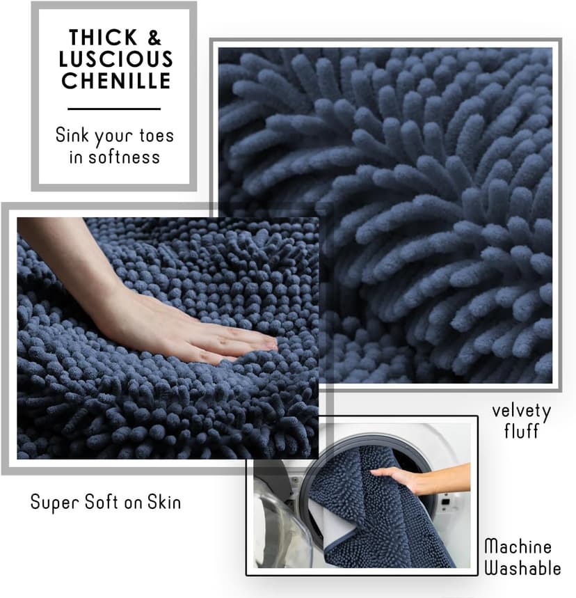 Hearth & Harbor Bathroom Rugs Sets 2 Piece, Chenille Bath Mat Set - Machine Washable Bath Mats for Bathroom Non-Slip Backing Rubber Quick Dry Bathroom Mat - Navy Bath Rug, 17x24-20x32
