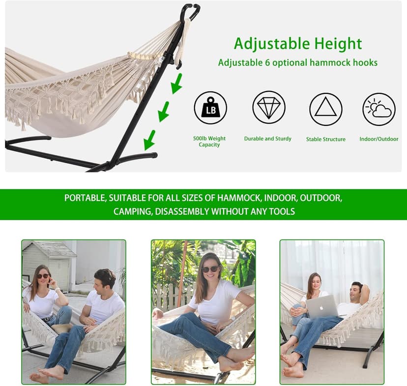 Double Hammock with Stand Upgraded Phone Holder Portable Heavy Duty Stainless Steel Indoor Outdoor Patio Yard Beach with Carrying Case （2022 Beige）