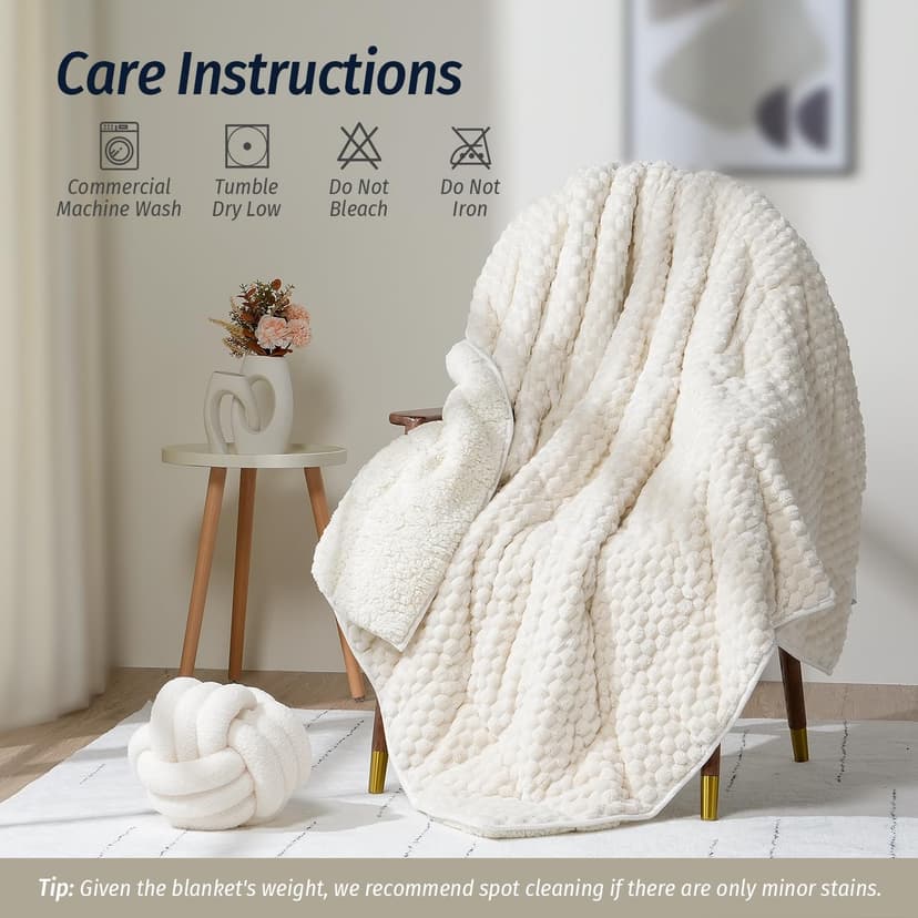 Wemore Fleece Weighted Blanket for Adults (60" x 80" 15lbs, Cream White), Dual Sided Cozy Soft Sherpa Heavy Blanket with 3D Imitation Turtle Shell Warm Jacquard Flannel for Couch and Bed