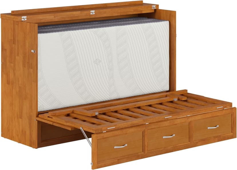 AFI, Northfield Queen Murphy Bed Chest with 6" Mattress, Storage Drawer & Built-in USB Charger, Light Toffee