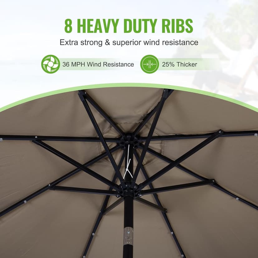 Backyard Expressions 9ft Solar Patio Umbrella with 32 LED Lights - Beige – Outdoor Market Umbrella with Tilt & Crank, Solar-Powered Lighting