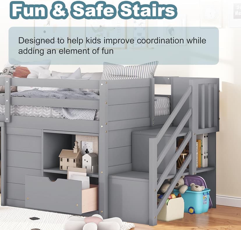 Okak Twin Size Low Loft Bed with Playhouse Loft Bed Frame with Drawer, Shelf,Stairs and Safety Guardrail for Teens, Girls or Boys Loft, Strong Wood Slats Support,Gray
