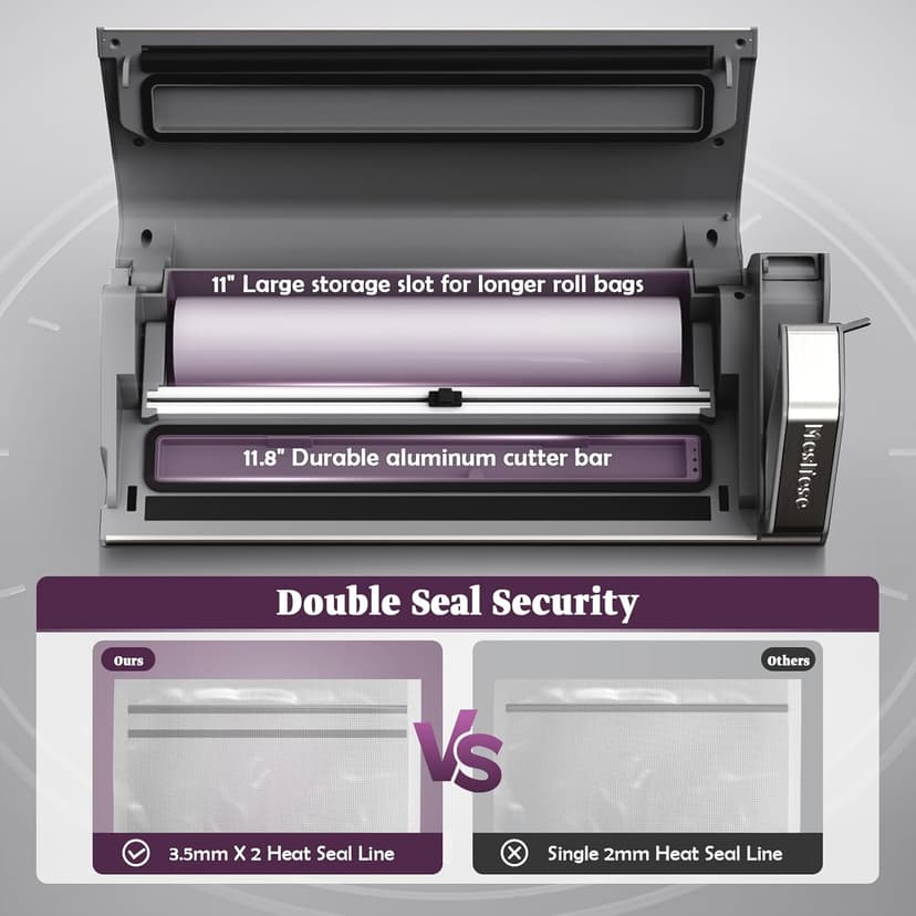 Vacuum Sealer Machine, 95kPa 140W Double Seal Powerful Food Sealer, One Hand Operation Food Storage with Build-in Cutter & Roll Storage