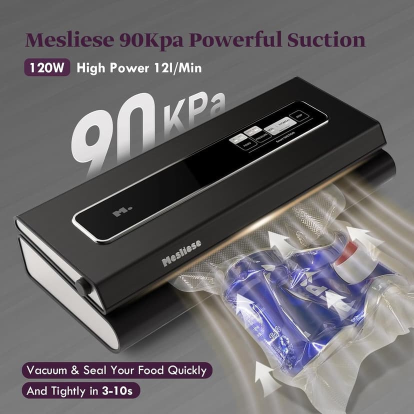 Vacuum Sealer Machine 90Kpa 6-in-1 Compact Food Vacuum Sealing Preservation System with Cutter | 2 Bag Rolls | 5 Pre-cut Bags | Dry&Moist Modes | ETL Listed (Gray)