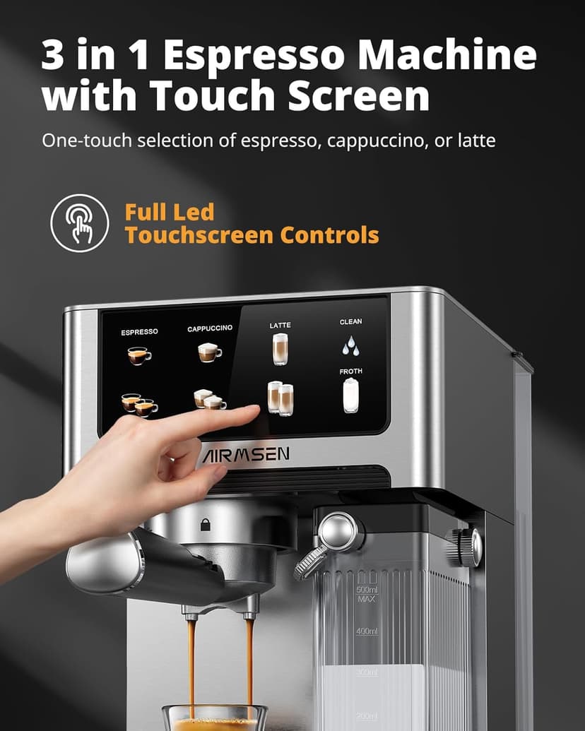 AIRMSEN 20 Bar Espresso Machine with Automatic Milk Frother, Cappuccino & Latte Coffee Maker with Quick Brew Dual Boiler (1350W + 1000W), Stainless Steel, 60oz Water Tank, Touchscreen