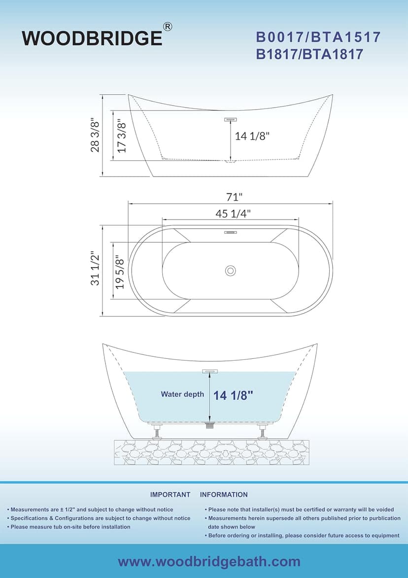 WOODBRIDGE 71"Freestanding White Acylic Soaking Bathtub with Chrome Drain and Overflow,B0017 C