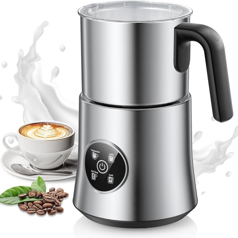 Milk Frother, 4 in 1 Milk Frother and Steamer, Automatic Warm and Cold Foam Maker, Hot Chocolate Maker, Electric Frother for Coffee, Cappuccino, Latte, Choc, BPA Free, Silver