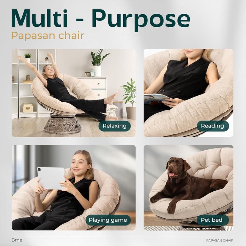 Bme 40" Ergonomic Wicker Papasan Chair with Soft Thick Density Fabric Cushion, High Capacity Steel Frame, 360 Degree Swivel for Living, Bedroom, Reading Room, Lounge, Sepia Sand - Brown Base