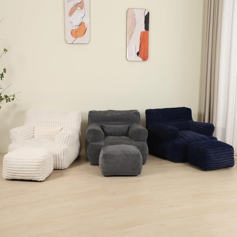 Comfy Gaint Bean Bag Chair with Ottoman, Fluffy Huge Bean Bag Armchair for Adults and Teens, Cream