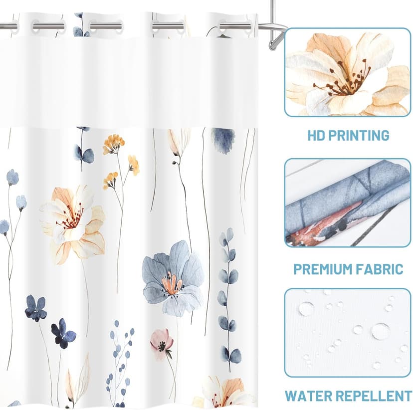 No Hook Shower Curtain with Snap in Liner - Watercolor Floral Shower Curtain - Fabric Waterproof Inner Liner, Plants Blue Beige Flowers White Cloth Shower Curtains Washable, 71 x 74 Inch
