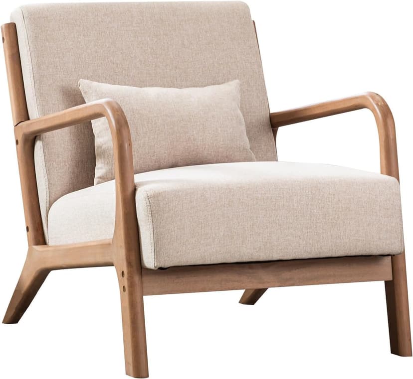 ANJHOME Mid Century Modern Accent Chairs Set of 2, Single Fabric Lounge Reading Armchair with Solid Wood Frame, Easy Assembly Arm Chairs for Living Room Beige 2