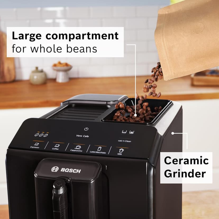 Bosch 300 Series Fully Automatic Espresso Machine – In-Cup Frother, OneTouch Milk Drinks, 5 Drink Options, Ceramic Grinder, Easy Clean & Descale, in Black