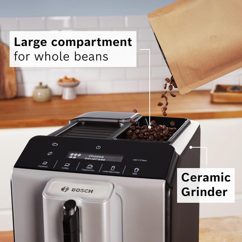 Bosch 300 Series Fully Automatic Espresso Machine – In-Cup Frother, OneTouch Milk Drinks, 5 Drink Options, Ceramic Grinder, Easy Clean & Descale, in Silver