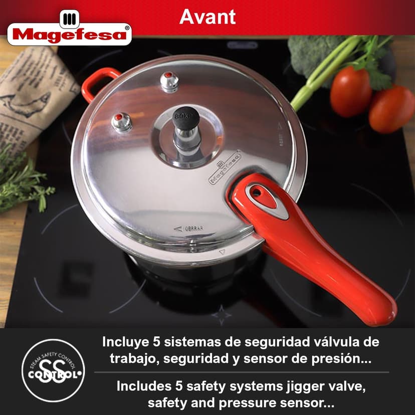MAGEFESA Avant Red Pressure Cooker, 6.2 Quart, made of very resistant aluminum, compatible with gas, electric, ceramic stoves, pressure canner, canning cooker pot, stove top instant fast cooking