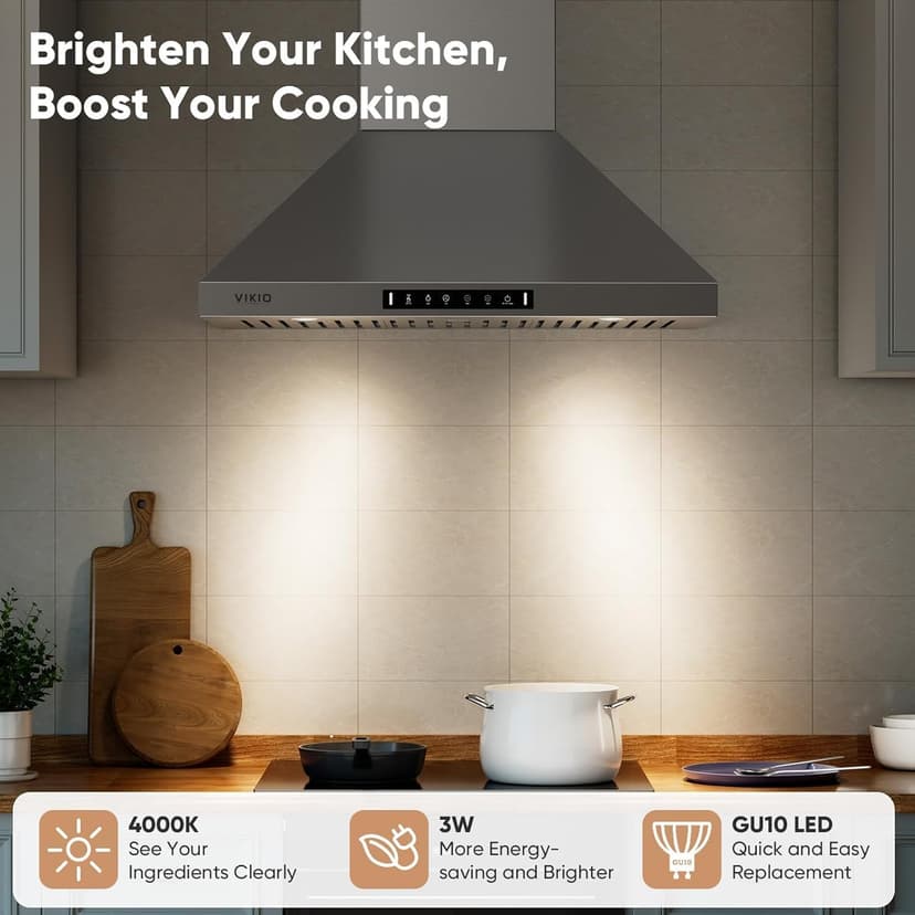 Wall Mount 30 Inch Range Hood 900 CFM, Ductless/Ducted Convertible Kitchen Hood, 3-speed Gesture Sensing & Touch Control, Stainless Steel Kitchen Vent Hood with Permanent Baffle Filters