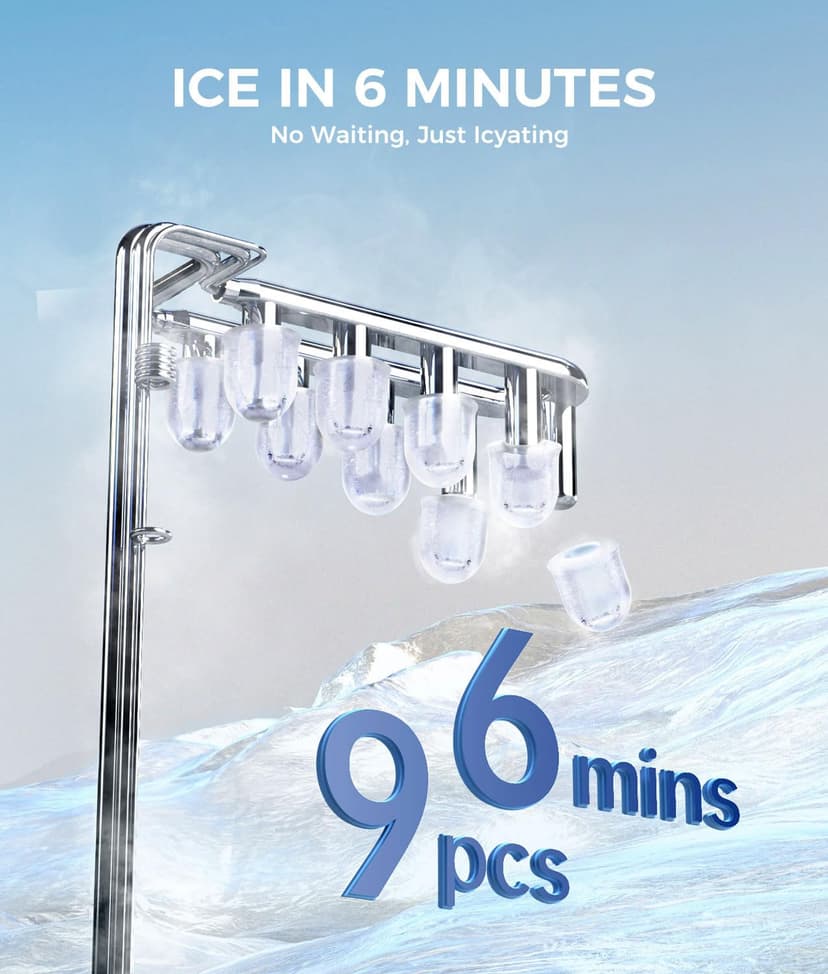 Ecozy Countertop Ice Maker, Portable, Self-Cleaning, 9 Bullet Ice Cubes in 6 Mins, 26lbs/24Hrs, Ice Maker Machine with Ice Bags, Handle, Standing Scoop and Basket, Black, IM-BS261C