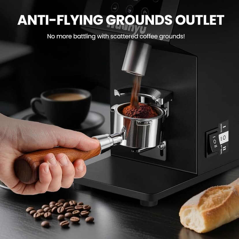 Huanyu Commercial Coffee Grinder with 64mm Flat Burr Anti-Flying Grounds Outlet 26oz Lotus Hopper 8 Stepless Settings Electric Coffee Grinders with Smart Touchscreen for Cafés Restaurants