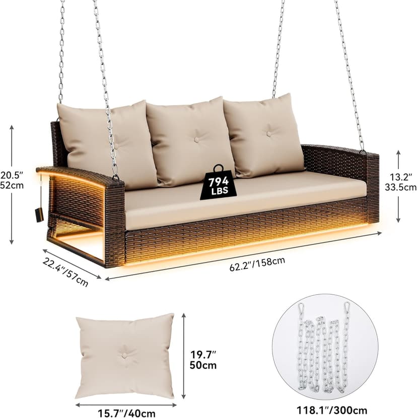 YITAHOME 3 Seats Patio Porch Swing, Outdoor Wicker Hanging Bench Rattan Chair Seat with LED Lights & Soft Cushions for Outside, Garden, Backyard, Lawn, Light Brown & Beige