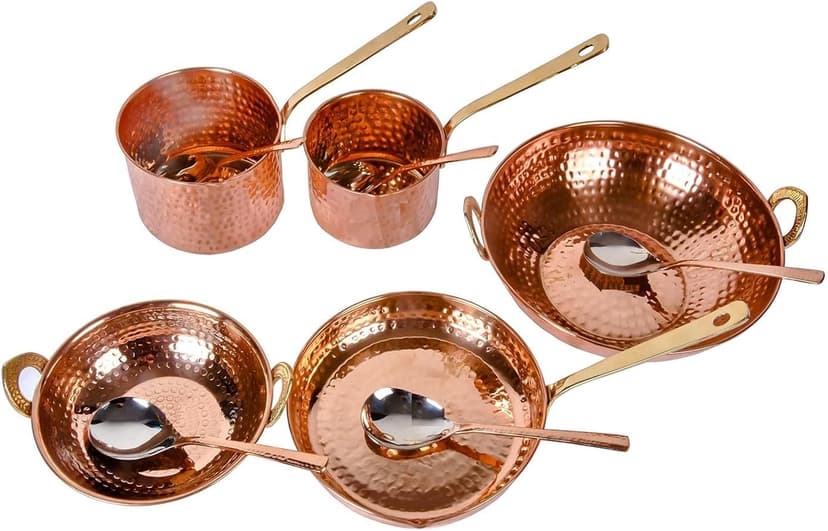 Pure Cookware 10 Piece Set with Serving Spoon (Sauce Pan | Copper Kadhai Set | Copper Fry Pan) with Brass Handle for Cooking Purpose