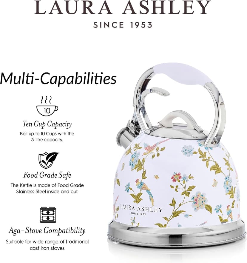 Laura Ashley Elveden White Stovetop Kettle with Whistle - 2.5L Fast Boil Stainless Steel Kettle Stove Top - Silicon Coated Cool Handle Camping Kettle for Gas, Induction Hob - Compatible with Aga Stove