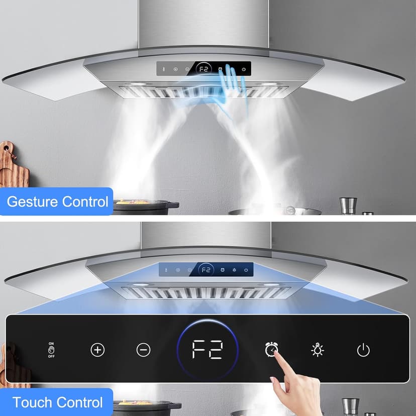 30 inch Range Hood Wall Mount, 1200 CFM with 4-Speed Gesture Sensing & Touch Control, Stainless Steel Ducted Kitchen Stove Vent Hoods with 2 LED Lights, Time Setting, Dishwasher-Safe Baffle Filters