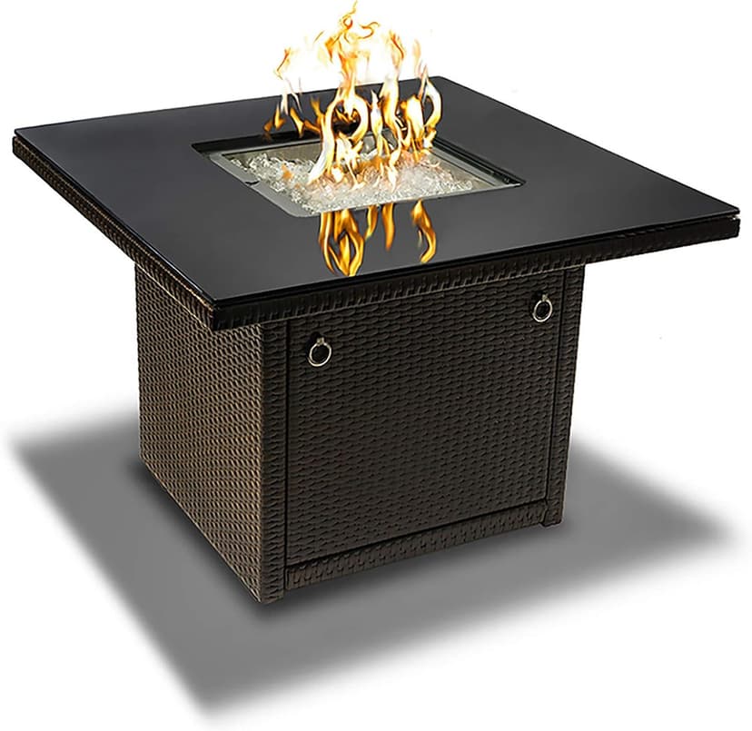 Outland Living 410 Series Fire Table – 36-Inch Outdoor Propane Gas Fire Pit Table with Tempered Glass Top & Arctic Ice Decorative Glass Rocks, Espresso Brown