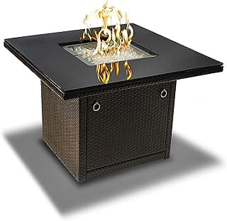 Outland Living 410 Series Fire Table – 36-Inch Outdoor Propane Gas Fire Pit Table with Tempered Glass Top & Arctic Ice Decorative Glass Rocks, Espresso Brown