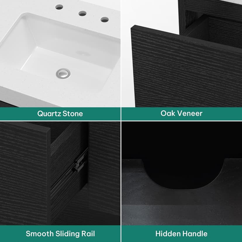 YITAHOME 48 Inch Floating Vanity with 3 Drawers, Wall Mounted Bathroom Vanity with White Quartz Countertop & Oak Veneer, Big Space Storage for Modern Bathroom, Black