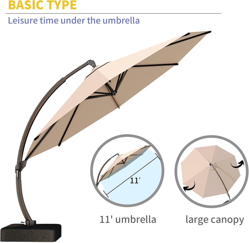 Kingdura 11ft Offset Cantilever Patio Umbrella with Base Included, Large Round Aluminum Outdoor Umbrella, 360° Rotation & Infinite Tilt, Heavy Duty Frame for Deck Pool Backyard, Beige