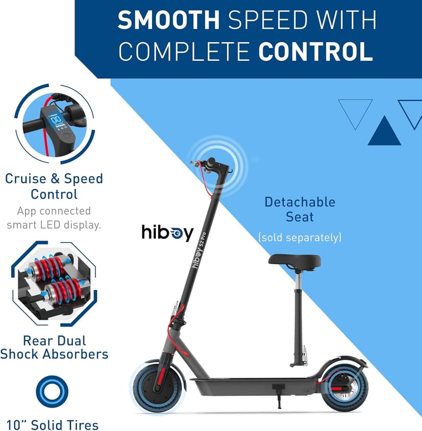 Hiboy S2/S2 Pro/S2 MAX Electric Scooter, 350-500W Motor, 8.5"-10" Solid Tires, 17-40.4 Miles Range, 19 Mph Folding Commuter Electric Scooter for Adults (Optional Seat)
