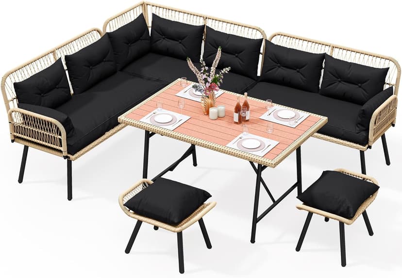 YITAHOME Patio Wicker L-Shaped Furniture Set, All-Weather Rattan Outdoor Conversation Sofa Set for Backyard Deck with Soft Cushions,Ottomans and Plastic Wood Dining Table (Light Brown+Black)