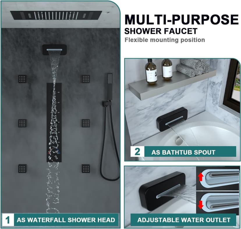 HOMEDEC LED Multi Functions Full Body Shower System with 6pcs Body Jets Spray with（Up/Down ）Shower Spout, Large 3 In 1 Functions 14x20inch Showerhead, Rainfall Mist Shower Faucet Set Complete, Black