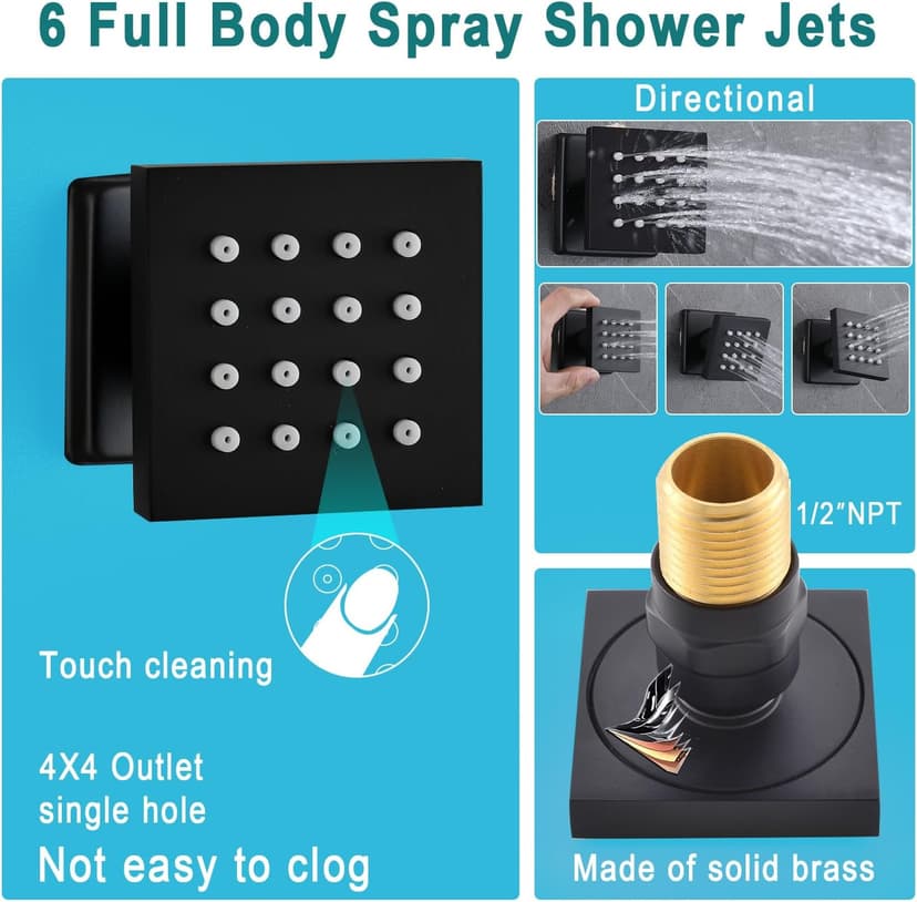HOMEDEC 12inch Rain Shower System with Full Body Jets Sprays, Ceiling LED Brass Shower Faucet Set with 3 Functions Thermostatic Valve, Can Use All Function At Once