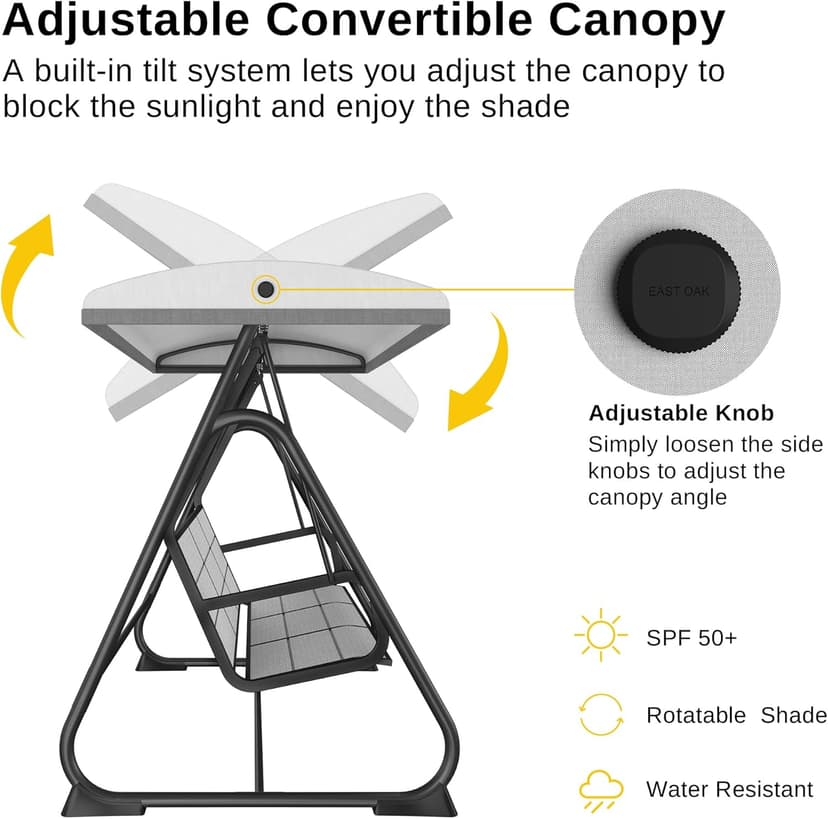EAST OAK 3-Person Outdoor Patio Swing Chair with Adjustable Canopy, Porch Swing with Comfortable and Breathable Seats, Outdoor Swing Chairs for Garden, Balcony, Backyard, Charcoal Black